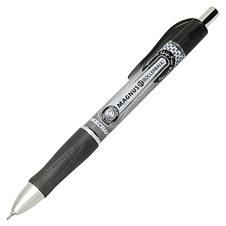 SKILCRAFT® Magnus Retractable Rollerball Pens, Needle Point, 0.5 mm, Black Barrel, Black Ink, Pack Of 12