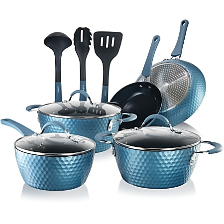 NutriChef Diamond Home Kitchen Cookware Set (Blue) - 11 Pieces - Cooking, Frying, Sauce - 1.70 quart - 2nd Saucepan 3rd Saucepan - 8" Frying Pan - 11" 2nd Frying Pan - 3.60 quart Dutch Oven Griddle - Black, Blue