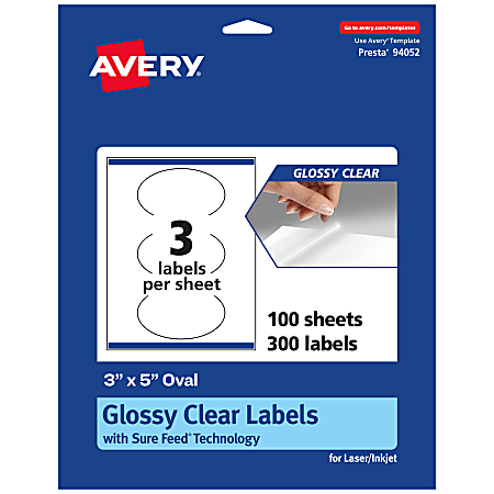 Avery® Glossy Permanent Labels With Sure Feed®, 94052-CGF100, Oval, 3" x 5", Clear, Pack Of 300