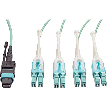 Tripp Lite Fan-out Cable Push / Pull Tab MTP/MPO to 8 x LC 40Gbase OM3 Plenum Aqua 3M 10ft 10' 3 Meter, N84403M8LCPT