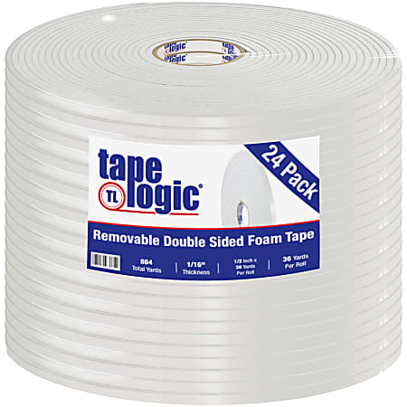 Tape Logic Removable Double-Sided Foam Tape, 1/2" x 36 Yd., White, Case Of 24 Rolls