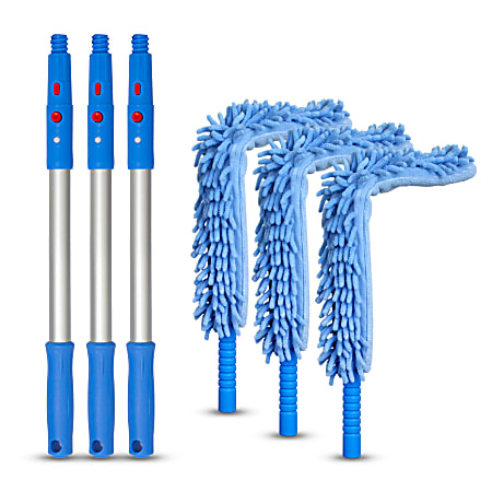 Gritt Commercial 22" Flexible Wand Dusters With Microfiber/Chenille Sleeve And 20" Pole, Blue, Pack Of 3 Dusters