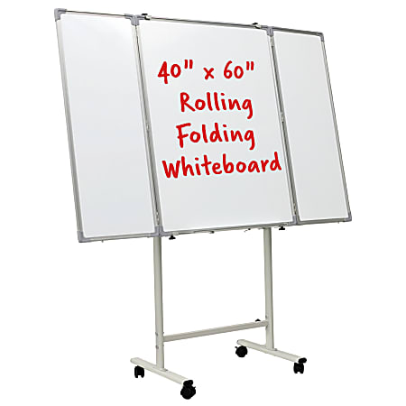 Excello Global Products Magnetic Dry-Erase Mobile Folding Whiteboard, 40" x 60", Silver Aluminum Frame