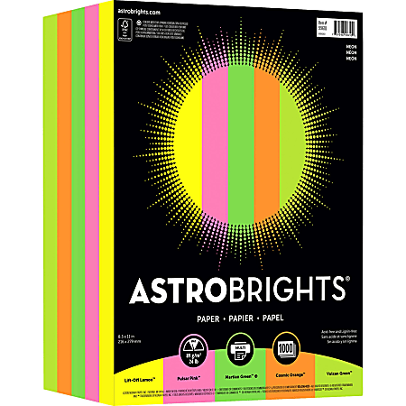 Astrobrights® Neon Color Paper, Letter Size (8 1/2" x 11"), 24 Lb, Assorted Colors, Ream Of 1,000 Sheets
