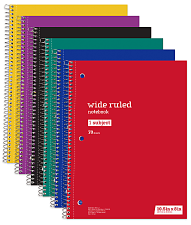 Just Basics&reg; Spiral Notebook, 8" x 10-1/2", Wide Ruled, 70 Sheets, Assorted Colors, Pack Of 6 Notebooks