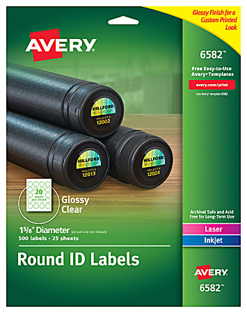 Avery® Glossy Clear Print-to-the-Edge Easy Peel Labels With Sure Feed® Technology, 6582, Round, 1-5/8" Diameter, Clear, Pack Of 500