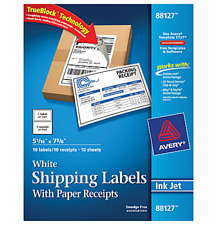Avery® TrueBlock® White Inkjet Shipping Labels with Paper Receipt, 5 1/16" x 7 5/8", Pack Of 10
