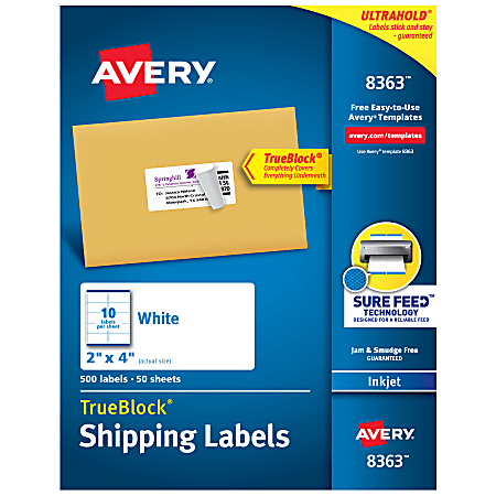 Avery® TrueBlock® Shipping Labels With Sure Feed® Technology, 8363, Rectangle, 2" x 4", White, Pack Of 500