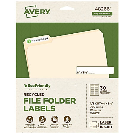 Avery® Easy Peel® Permanent File Folder Labels, 48266, 2/3" x 3 7/16", 100% Recycled, White, Pack Of 750