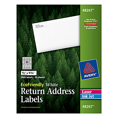Avery® Easy Peel® EcoFriendly Permanent Inkjet/Laser Return Address Labels, 48267, 1/2" x 1 3/4", 100% Recycled, White, Pack Of 2,000