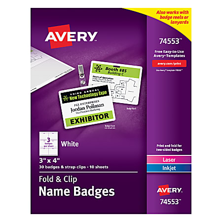 Avery® Fold And Clip Name Badges, Top Loading, 3" x 4", Box Of 30