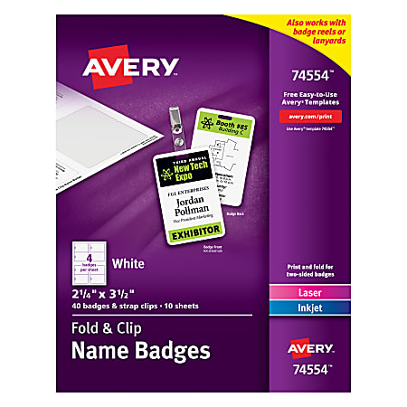 Avery® Fold And Clip Name Badges, Top Loading, 2 1/4" x 3 1/2", Box Of 40