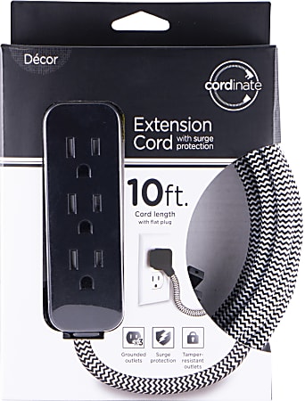 Cordinate 3-Outlet 16-Gauge Extension Cord With Surge Protection, 10', Black/White