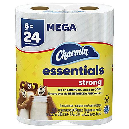 Charmin Essentials Strong 2-Ply Toilet Paper Rolls, 10” x 5-1/4”, White, 429 Sheets Per Roll, Pack Of 6 Rolls