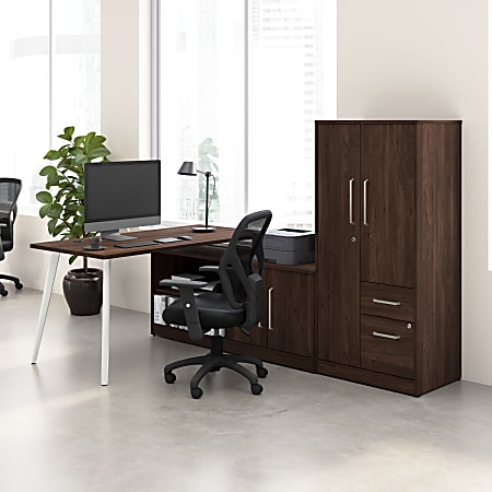 Bush Business Furniture Vista 60 W Corner Desk with Metal Legs Low Storage Cabinet and Wardrobe Black Walnut Standard Delivery