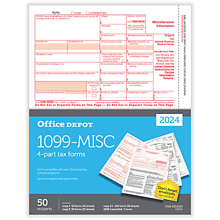 Office Depot® Brand 1099-MISC Laser Tax Forms, 4-Part, 2-Up, 8-1/2" x 11", Pack Of 50 Form Sets, 6105924