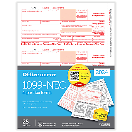 Office Depot® 1099-NEC Laser Tax Forms, 4-Part, 3-Up, 8-1/2" x 11", Pack Of 25 Form Sets