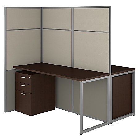 Bush Business Furniture Easy Office 60"W 2-Person Cubicle Desk With File Cabinets And 66"H Panels, Mocha Cherry, Premium Installation