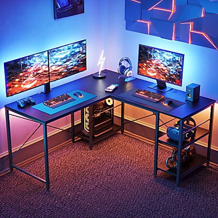 Bestier L-Shaped Corner Computer Desk With Storage Shelf, And Cord Management, 60"W, Black Carbon Fiber