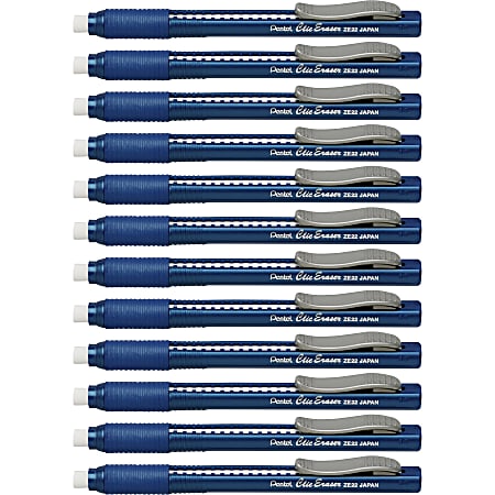 Pentel Rubber Grip Clic Eraser - Blue - Pen - Refillable - 12 / Box - Retractable, Latex-free Grip, Pocket Clip, Ghost Resistant, Non-abrasive