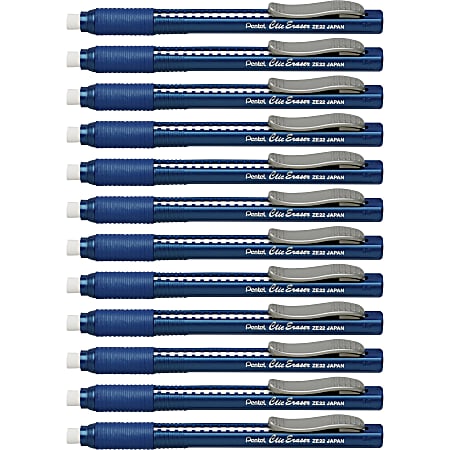 Pentel Rubber Grip Clic Eraser - Blue - Pen - Refillable - 12 / Box - Retractable, Latex-free Grip, Pocket Clip, Ghost Resistant, Non-abrasive