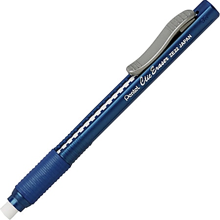 Pentel Rubber Grip Clic Eraser - Blue - Pen - Refillable - 12 / Box - Retractable, Latex-free Grip, Pocket Clip, Ghost Resistant, Non-abrasive