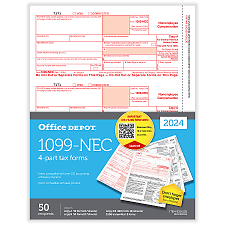 Office Depot® 1099-NEC Laser Tax Forms, 4-Part, 2-Up, 8-1/2" x 11", Pack Of 50 Form Sets