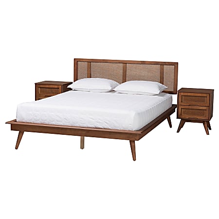 Baxton Studio Nura Mid-Century Modern Finished Wood/Rattan 3-Piece Bedroom Set, Queen Size, Walnut Brown