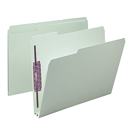 Smead&reg; Pressboard Fastener Folders With SafeSHIELD&reg; Fasteners, 2" Expansion, Letter Size, 100% Recycled, Gray/Green, Box Of 25
