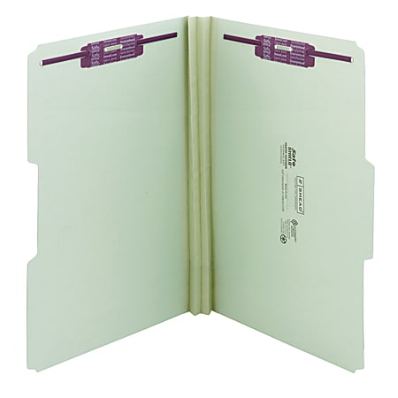 Smead® Pressboard Fastener Folders With SafeSHIELD® Fasteners, 2" Expansion, Legal Size, 100% Recycled, Gray/Green, Box Of 25