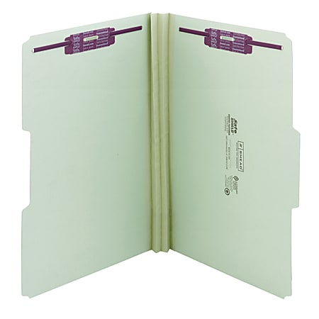Smead&reg; Pressboard Fastener Folders With SafeSHIELD&reg; Fasteners, 2" Expansion, Legal Size, 100% Recycled, Gray/Green, Box Of 25