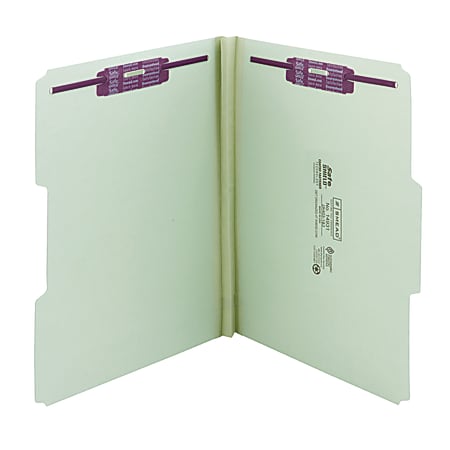 Smead® Pressboard Fastener Folders With SafeSHIELD® Fasteners, 1" Expansion, Letter Size, 100% Recycled, Gray/Green, Box Of 25