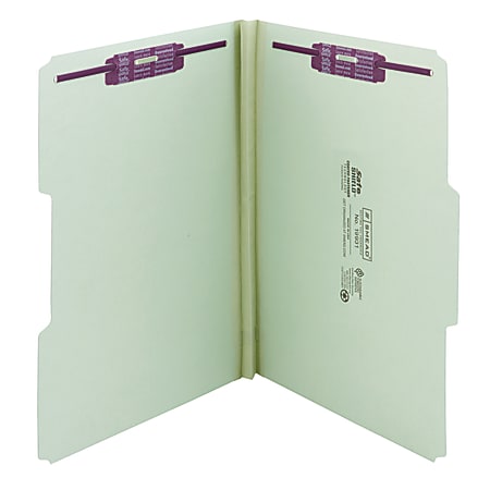 Smead® Pressboard Fastener Folders With SafeSHIELD® Coated Fasteners, 1" Expansion, Legal Size, 100% Recycled, Gray/Green, Box Of 25
