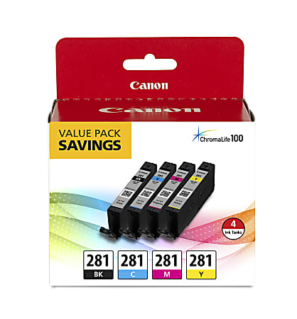 Canon® CLI-281 ChromaLife 100+ Black And Cyan, Magenta, Yellow Ink Tanks, Pack Of 4, 2091C005