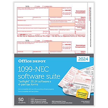 Office Depot® 1099-NEC Laser Tax Forms With Software, 4-Part, 3-Up, 8-1/2" x 11", Pack Of 50 Form Sets