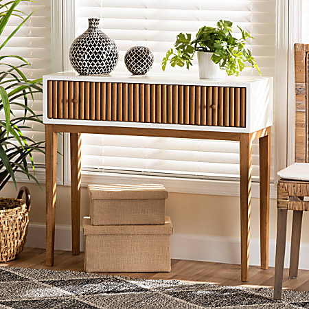 Baxton Studio Odile Mid Century Modern Two Tone Natural Brown and White Bayur Wood 1 Drawer Console Table
