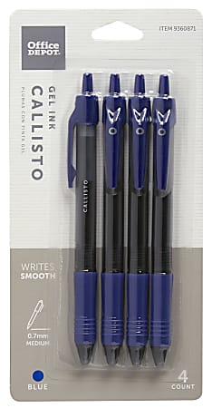 Office Depot® Brand Callisto Retractable Gel Ink Pens, Medium Point, 0.7 mm, Blue Barrel, Blue Ink, Pack Of 4 Pens