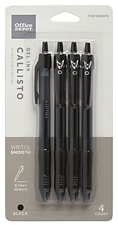 Office Depot® Brand Callisto Retractable Gel Ink Pens, Medium Point, 0.7 mm, Black Barrel, Black Ink, Pack Of 4 Pens 
