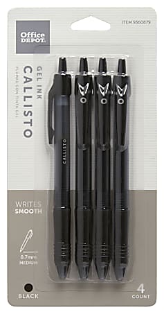 Office Depot® Brand Callisto Retractable Gel Ink Pens, Medium Point, 0.7 mm, Black Barrel, Black Ink, Pack Of 4 Pens