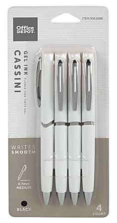 Office Depot® Brand Cassini Side-Click Gel Pens, Medium Point, 0.7 mm, White Barrel, Black Ink, Pack Of 4 Pens