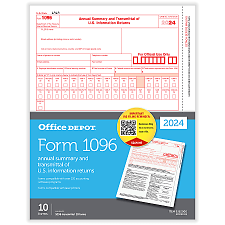 Office Depot® 1096 Laser Tax Forms, 1-Part, 8-1/2" x 11", Pack Of 10 Forms, 510091024