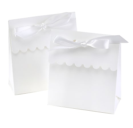 Taylor Party, Event And Ceremony Scallop Treat/Favor Boxes With Satin Ribbons, 2"H x 2"W x 2"D, White, Pack Of 25 Boxes