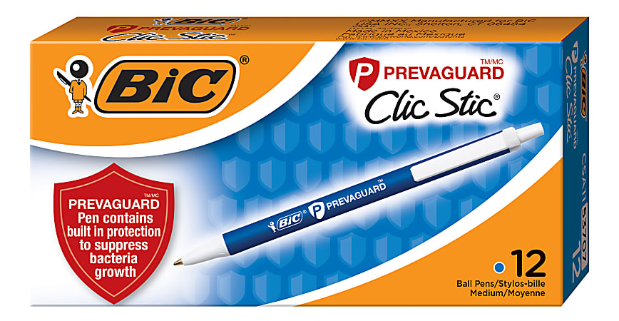 BIC® PrevaGuard Clic Stic Ballpoint Pens With Antimicrobial Additive, Medium Point, 1.0 mm, Blue Barrel, Blue Ink, Pack Of 12 Pens