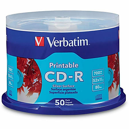 Verbatim CD-R 700MB 52X Silver Inkjet Printable - 50pk Spindle - 50 Pack