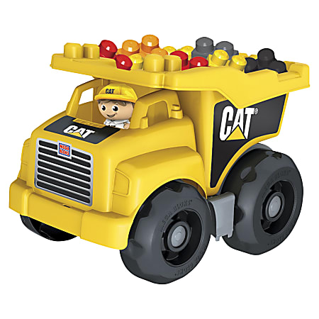 Mega Bloks Cat Dump Truck - Moveable Bin that Tilts Back to Dump Out Blocks - Includes 1 Construction Worker Figurine and 25 Blocks