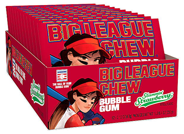 Big League Chew Slammin’ Strawberry Bubble Gum, 2.12 Oz, Pack Of 12 Bubble Gum Bags