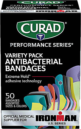 CURAD® Performance Series Extreme Hold Antibacterial Adhesive Bandages Variety Pack, Assorted Sizes, Assorted Colors, 50 Bandages Per Box, Case Of 24 Boxes