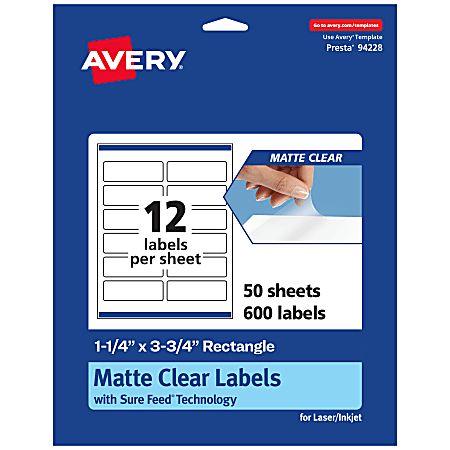 Avery® Permanent Labels With Sure Feed®, 94228-CMF50, Rectangle, 1-1/4" x 3-3/4", Matte Clear, Pack Of 600