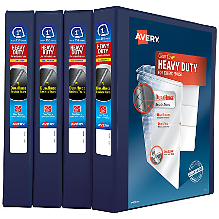 Avery® Heavy-Duty View 3 Ring Binders, 1" One Touch Slant Rings, Navy Blue, Pack Of 4