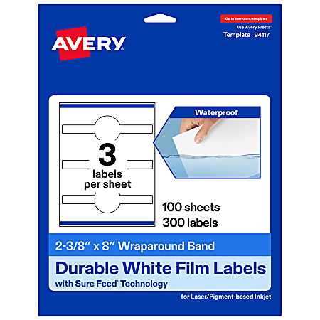 Avery® Waterproof Permanent Labels With Sure Feed®, 94117-WMF100, Cigar, 2-3/8" x 8", White, Pack Of 300